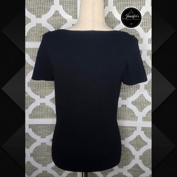 Cable and Gauge Black Double Silk Chiffon Ruffle Short Sleeve Sweater Top Medium - Picture 7 of 10